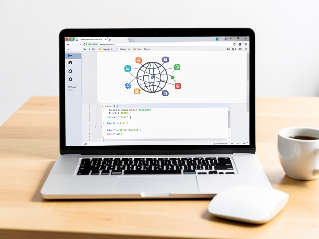 Developer typing SQL query into terminal connected to a globe made of blog icons