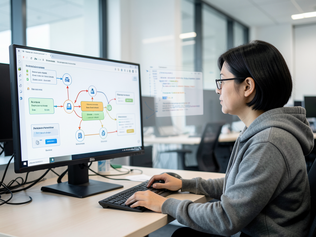 Software developer monitoring AI agent output on a laptop dashboard