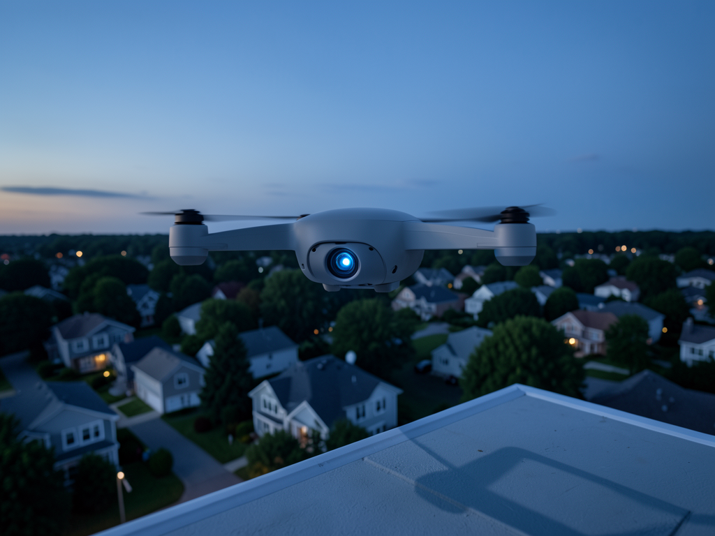 A drone flying over a suburban neighborhood used for police first-responder purposes