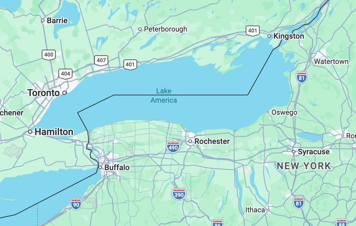 Screenshot of Google Maps showing Lake America label instead of Lake Ontario on a digital map display