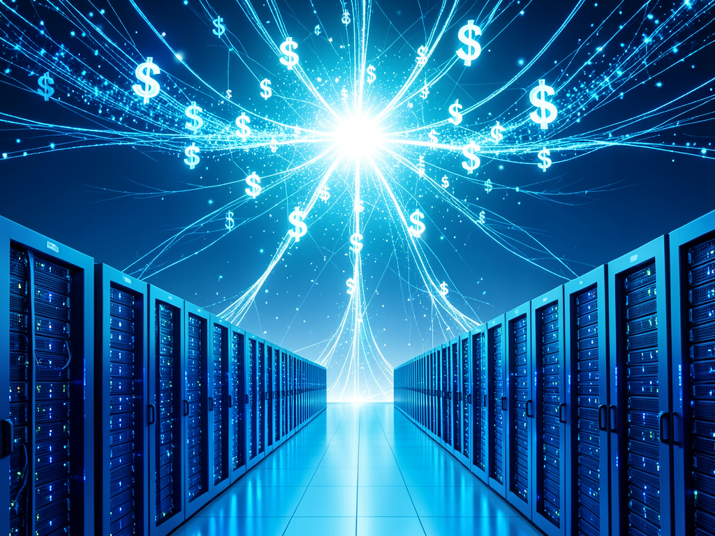 AI data center server racks with glowing lights representing massive computing infrastructure for artificial intelligence wor