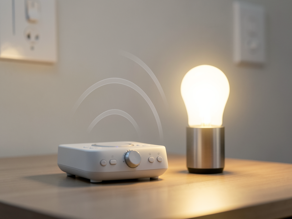 A wall-mounted lighting control panel with physical buttons and a dimmer dial in a modern living room