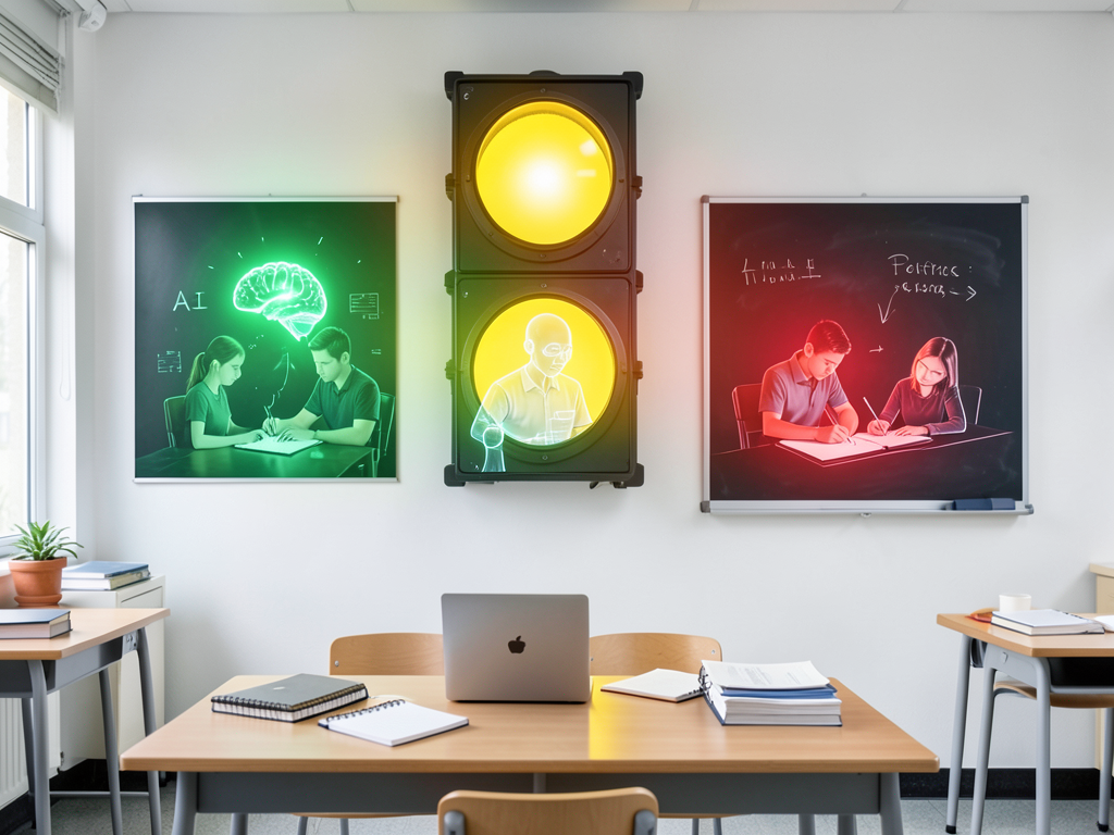 A classroom whiteboard with three colored circles green yellow and red representing AI use levels in assignments