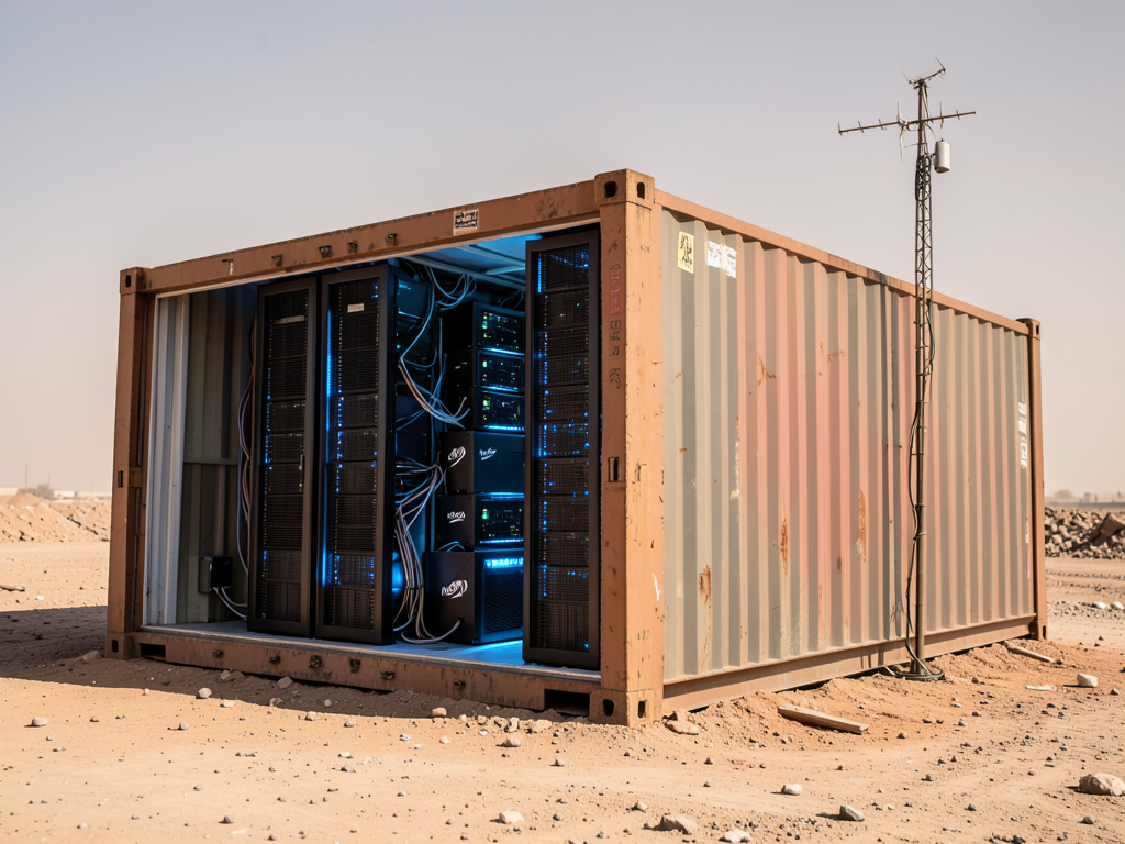 Shipping container with Palantir and Armada data center hardware deployed in a field setting