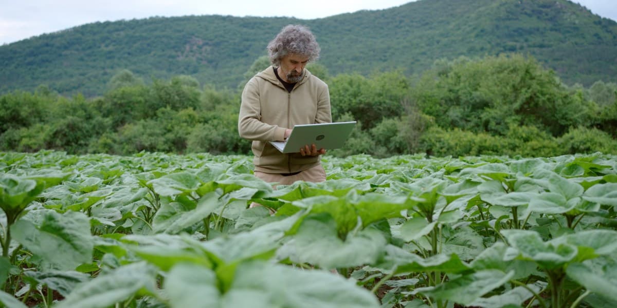 A farmer inspects a tablet device in a field with drones and tractors visible in the background, representing modern precisio