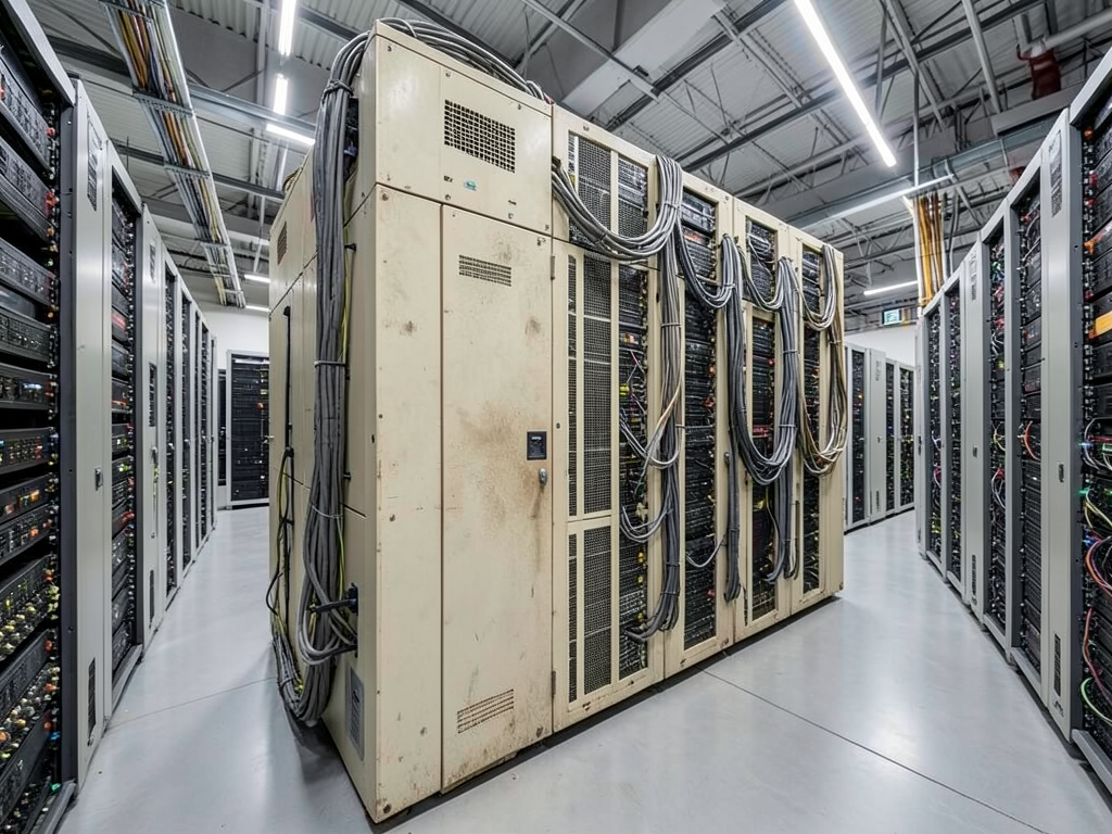 Abstract visualization of aging enterprise code being analyzed by AI systems in a data center