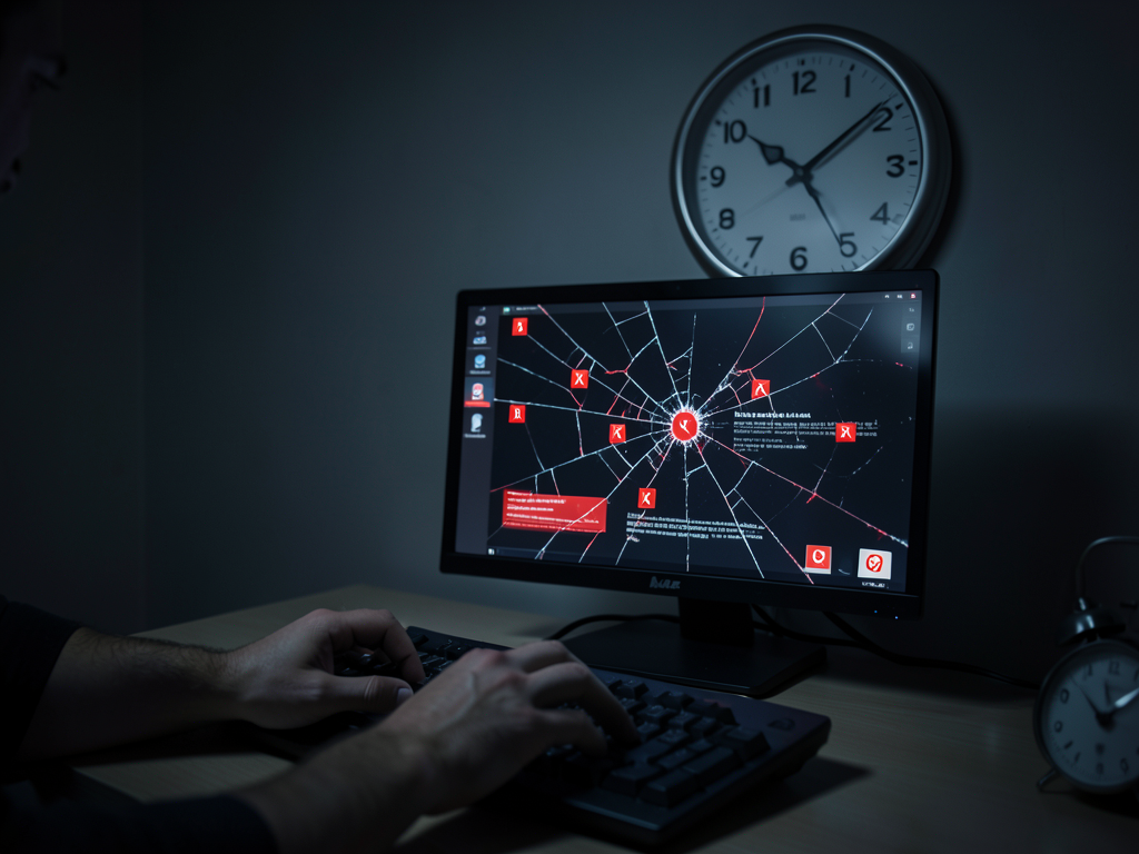 Developers examining buggy code on multiple monitors