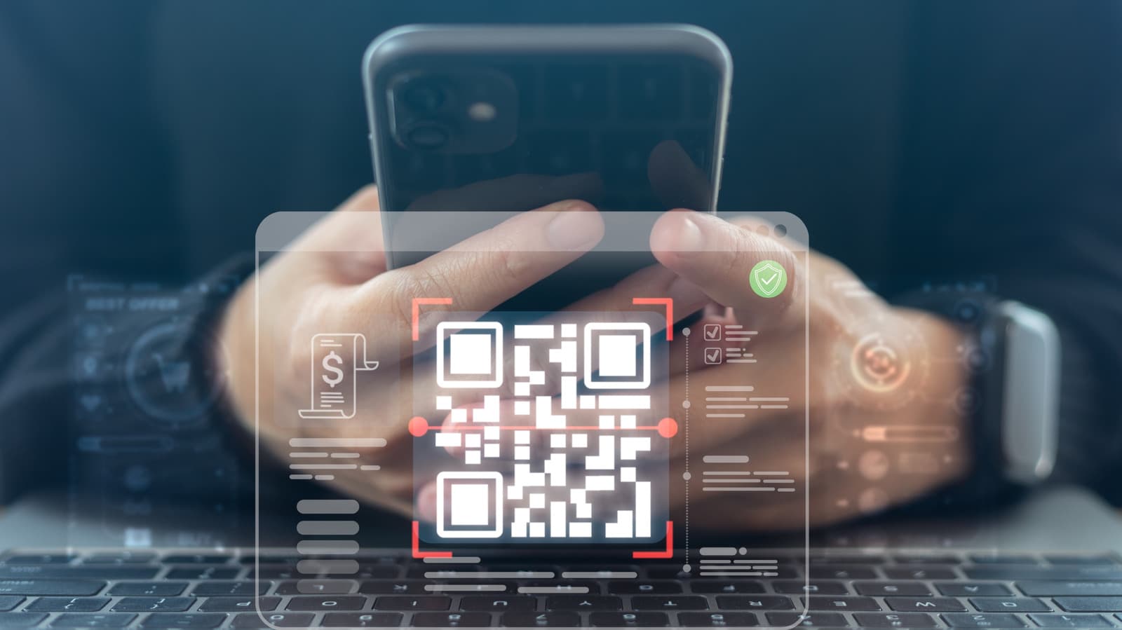 Close up of a QR code showing three corner square finder patterns on a white background.