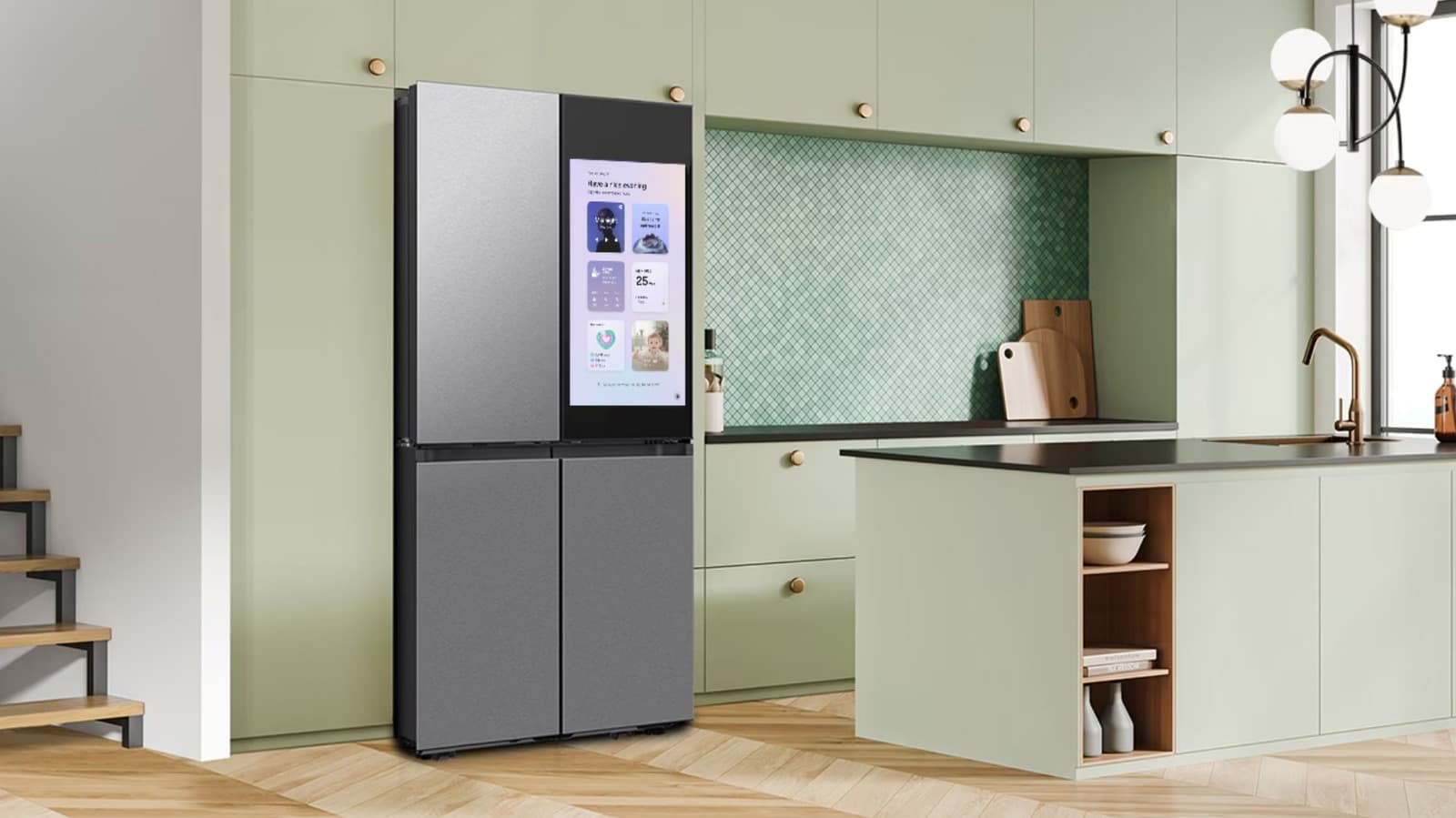 A Samsung AI refrigerator with a digital screen showing error messages related to a software update failure
