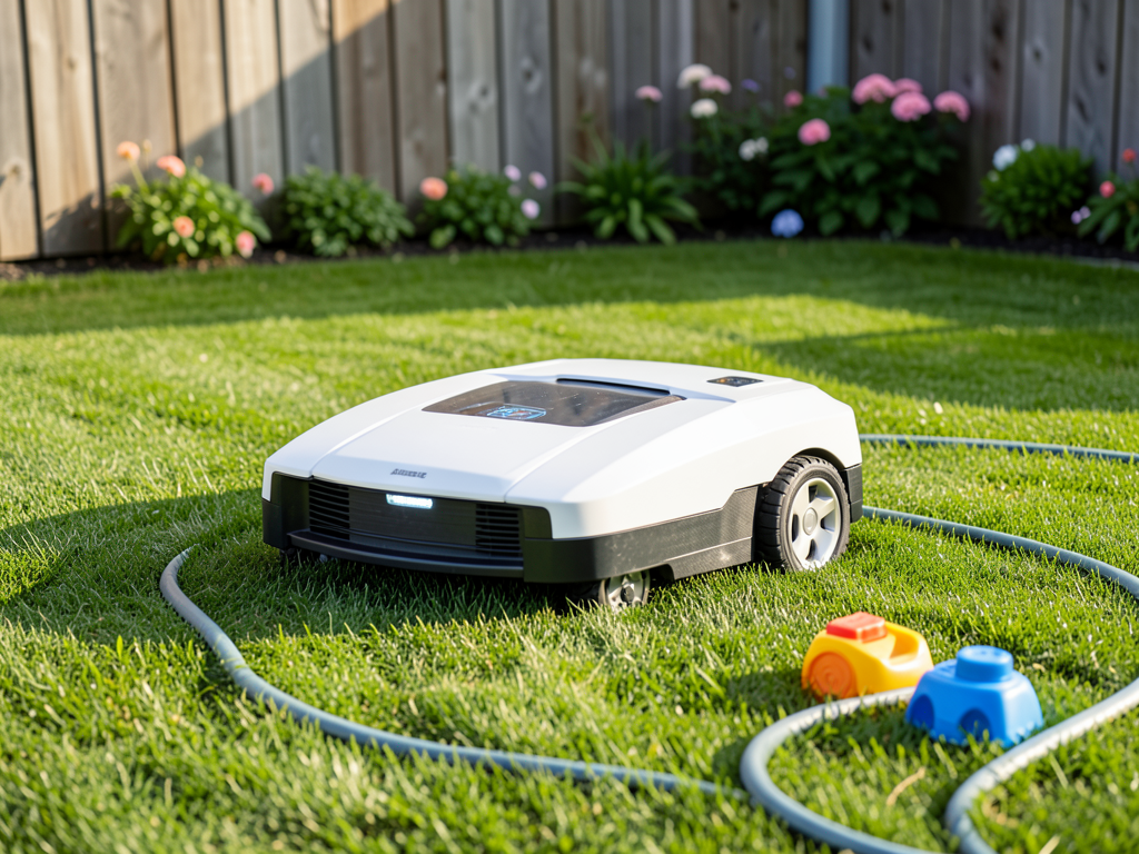 A robotic lawn mower cutting grass in a residential yard with a smartphone app interface overlay
