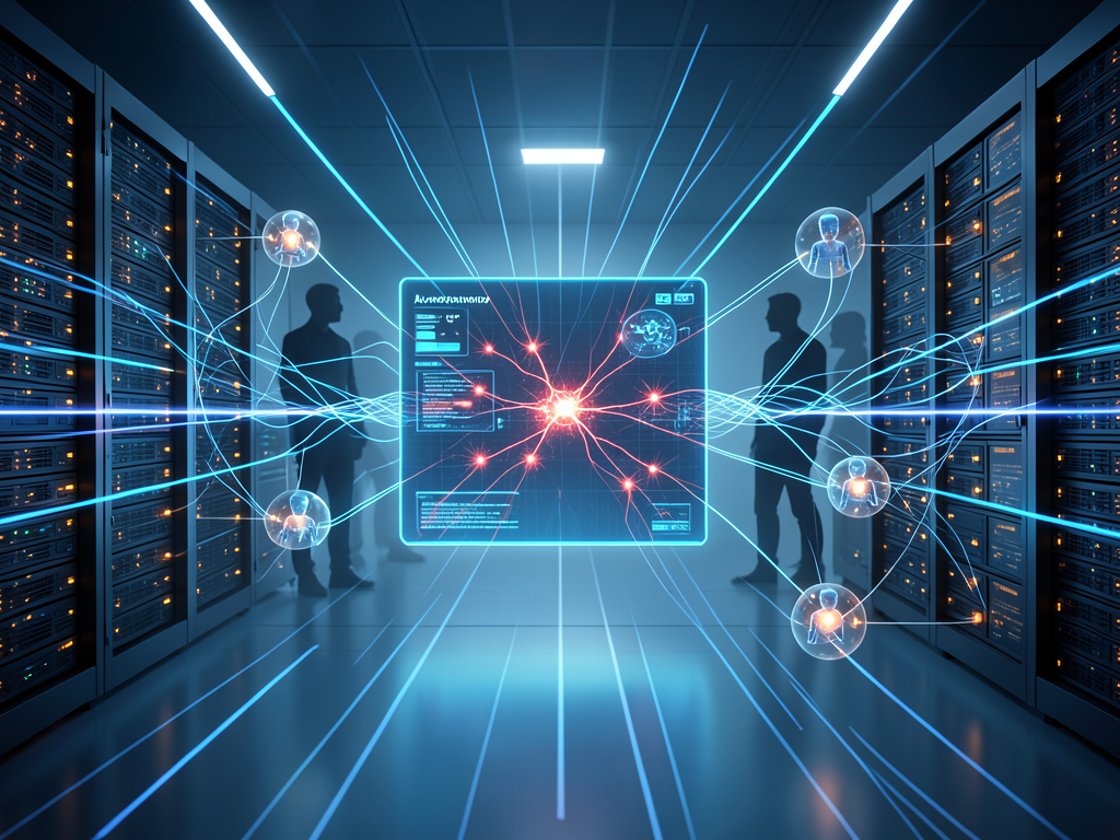Network infrastructure diagram with AI monitoring nodes and data flow