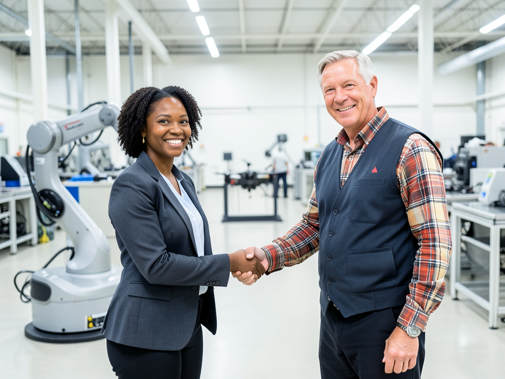 Bloom startup logo with American flag and industrial manufacturing robots in background