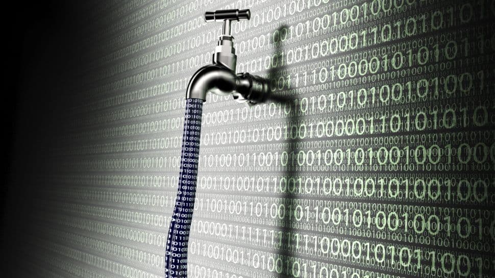 A digital illustration of an unsecured database with a glowing red warning sign, symbolizing a massive data leak.