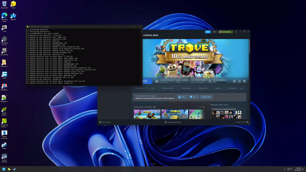 Screenshot showing Windows desktop access through a GeForce NOW exploit with file explorer and taskbar customization.