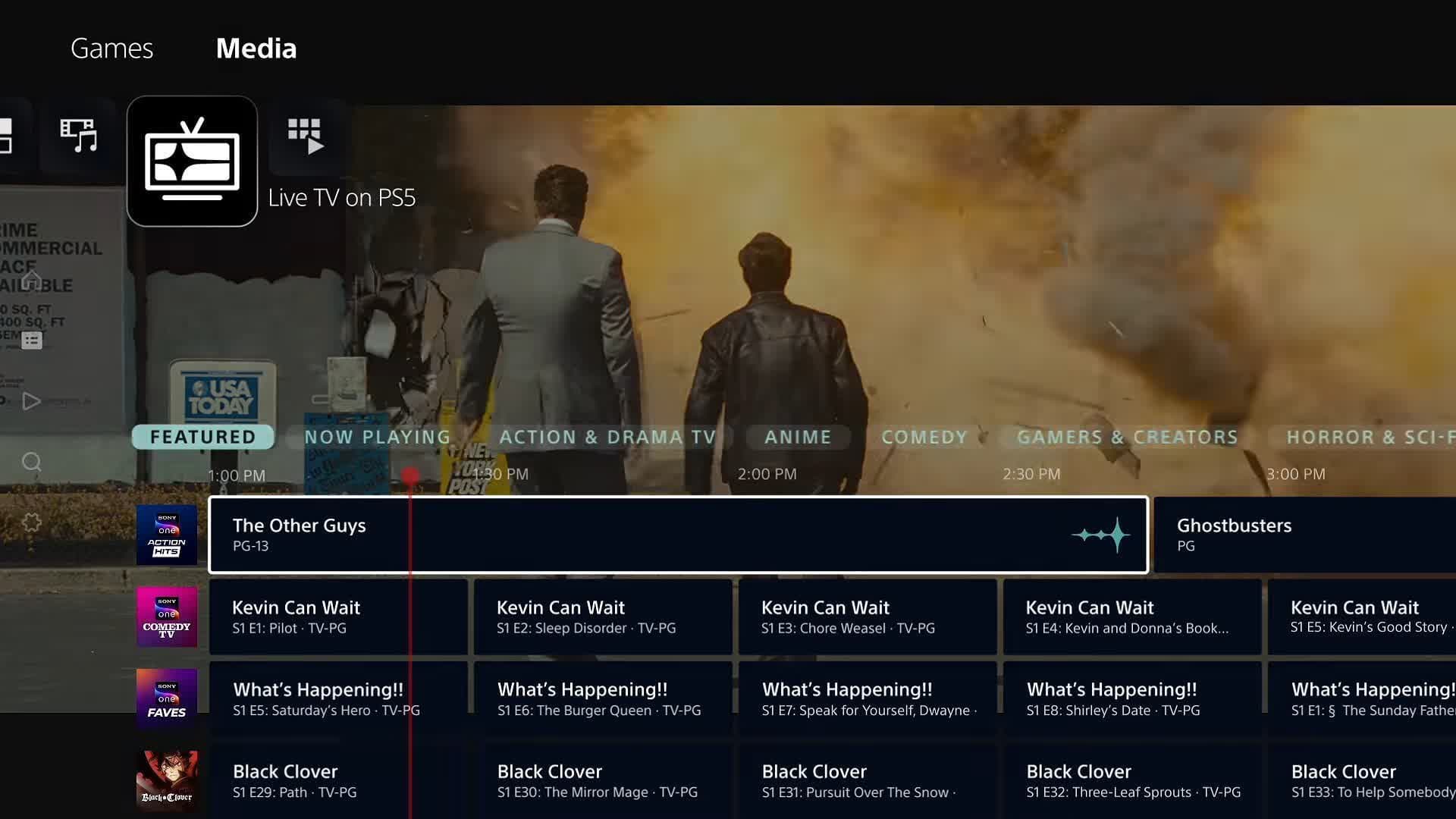 PlayStation 5 console displaying free ad-supported live TV channel menu
