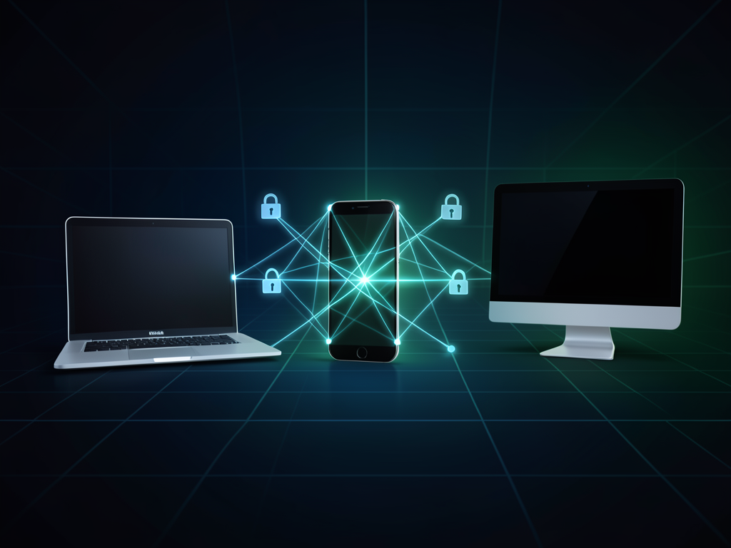 Mesh VPN connection diagram showing laptop communicating with home devices through encrypted direct links
