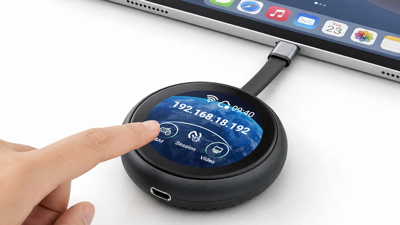 GL.iNet Comet Q dongle connected to a phone via USB-C cable with browser interface on a laptop screen