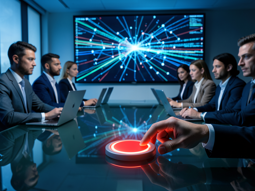 Technology leaders debating AI regulation and development pace in a policy setting