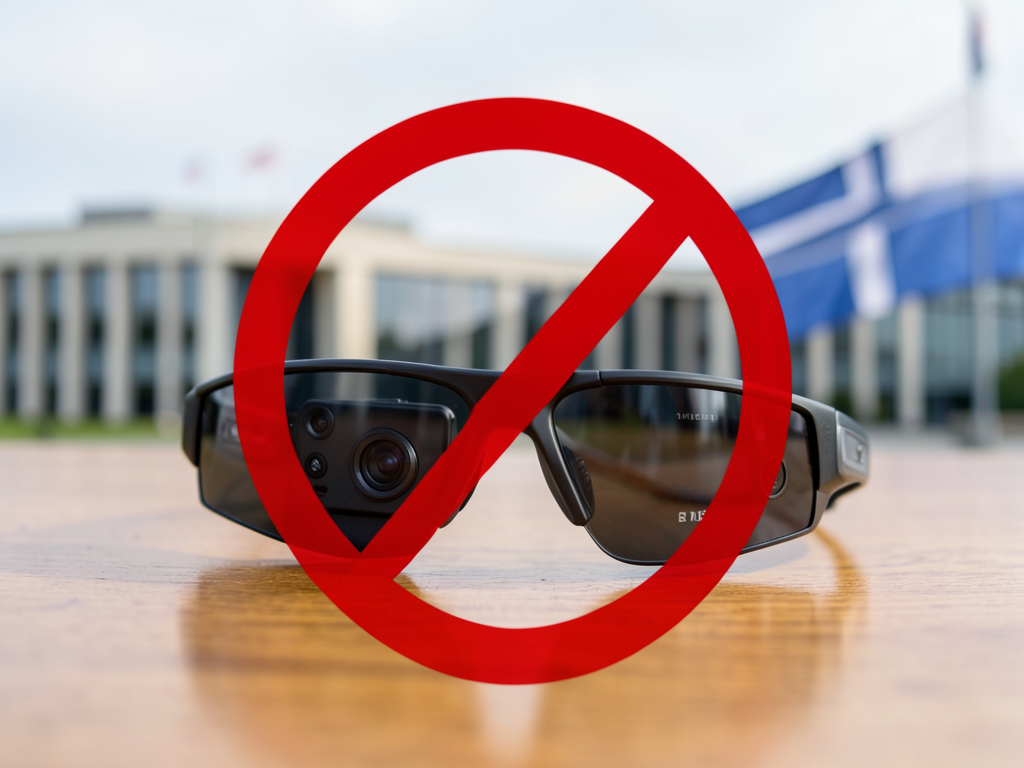 Smart glasses with a camera lens visible on the frame, symbolizing wearable technology and privacy concerns