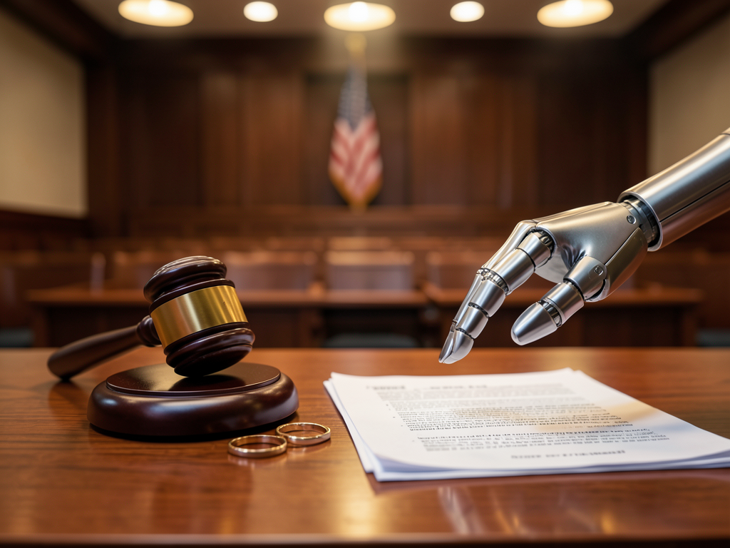 Conceptual illustration of a human hand and a robotic hand reaching toward each other with a wedding ring between them, symbo