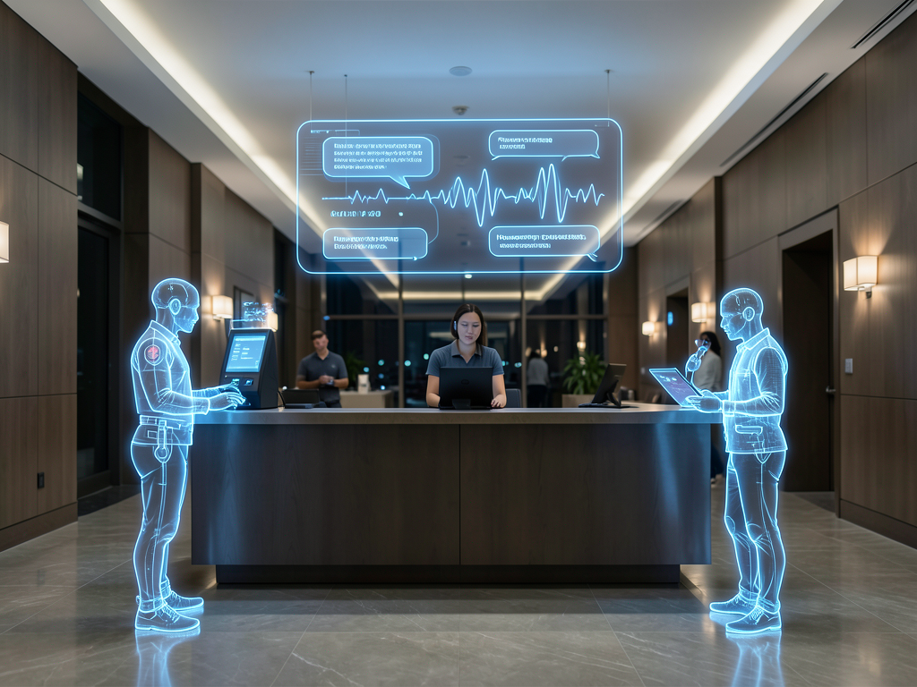 Dextr AI co-founders Sajid Shariff and Scott Arnold with hotel AI agents for reservations and guest management