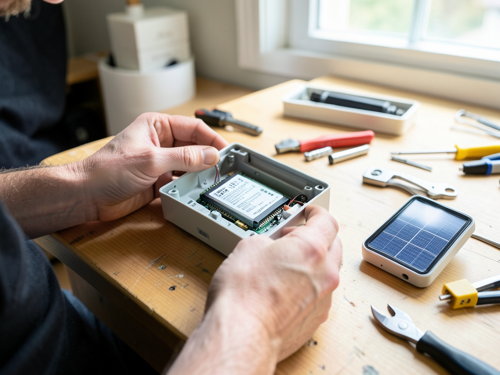 A simple modular electronic device with visible screws representing repairability