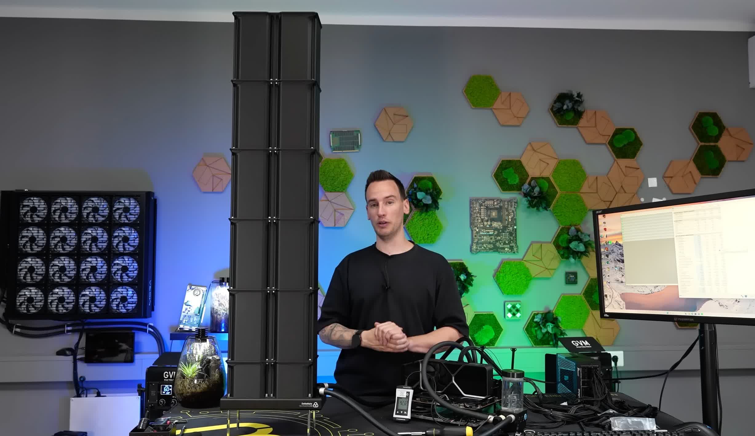 A tall 3D-printed chimney tower attached above a desktop CPU cooler for passive cooling