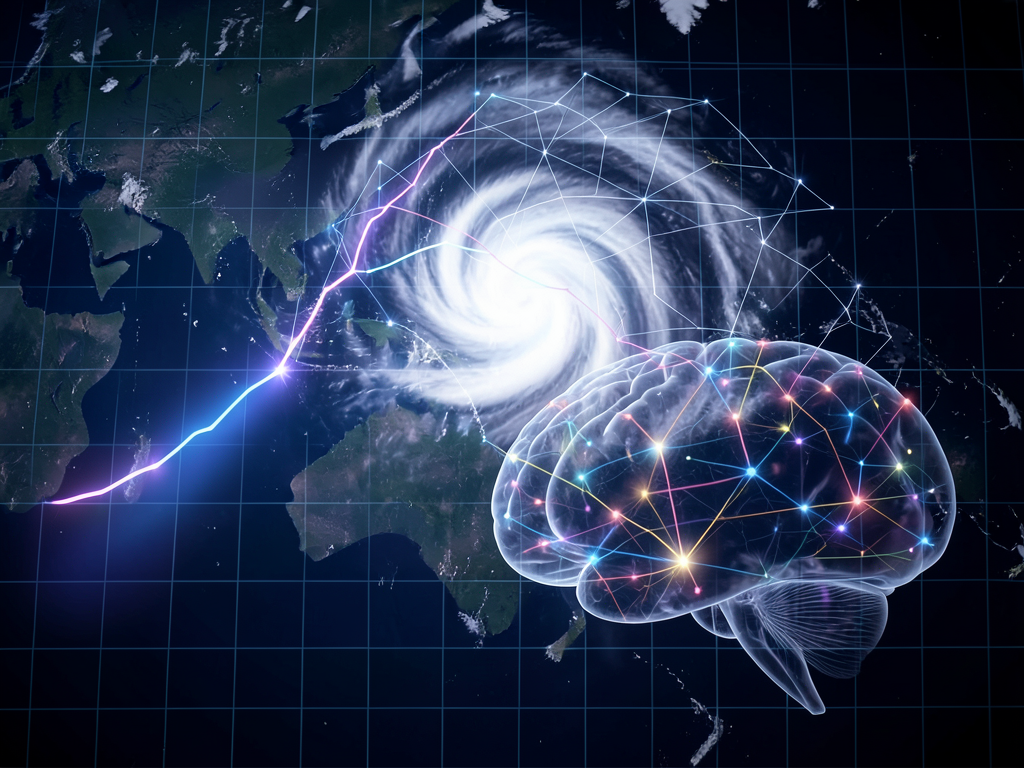 Visualization of DeepMind WeatherNext AI hurricane track prediction over Atlantic Ocean