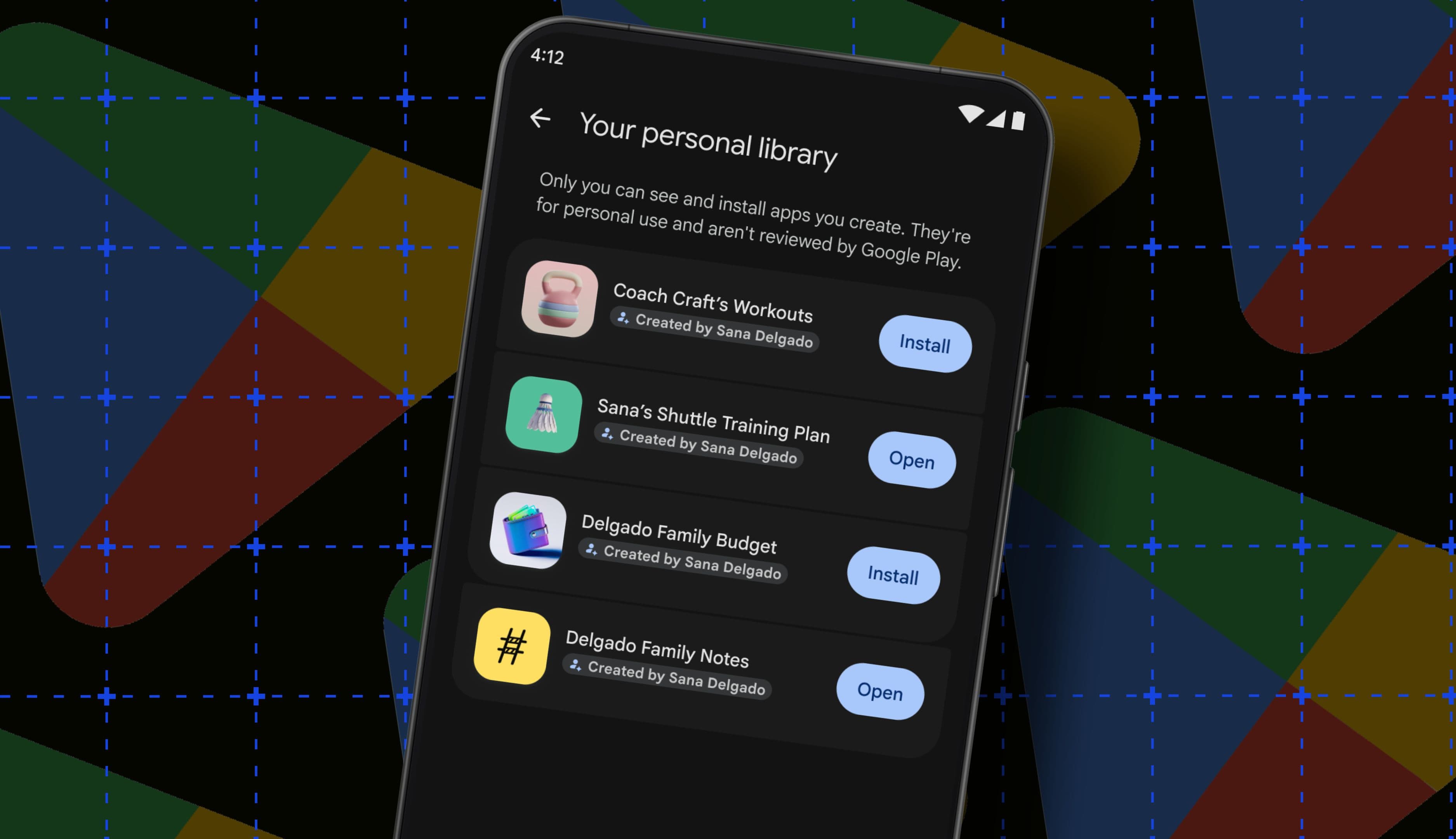 A person typing a text prompt on a smartphone with Android app icons floating nearby