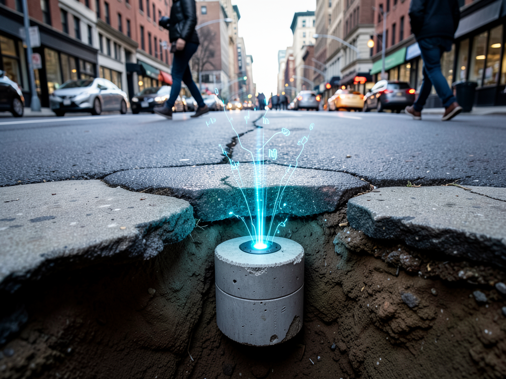 Underground sensor installation beneath a New York City sidewalk during construction