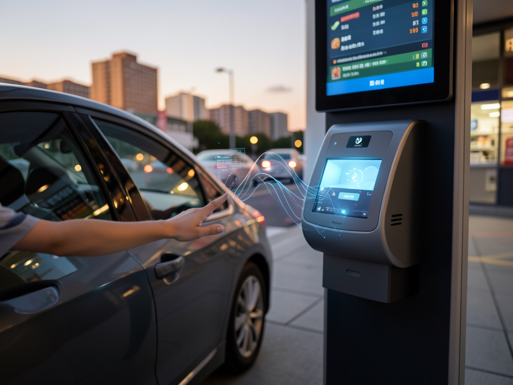 A fast food drive-thru lane with a digital menu board and an AI voice assistant interface