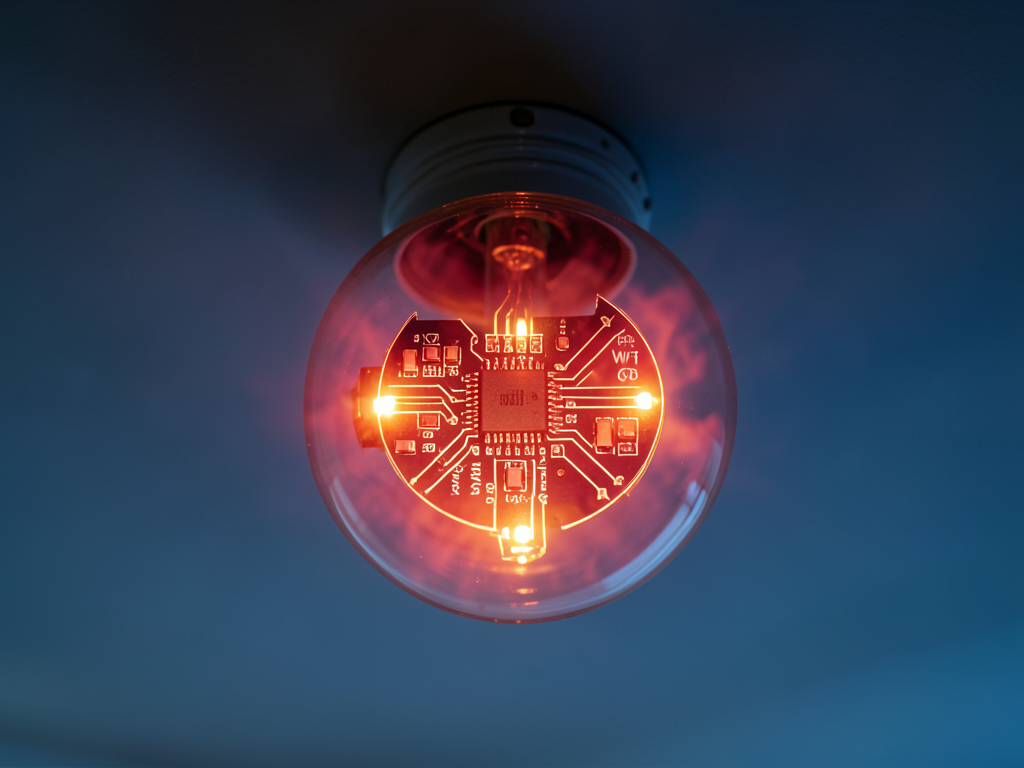 A close-up of a smart LED bulb glowing in a modern lamp fixture