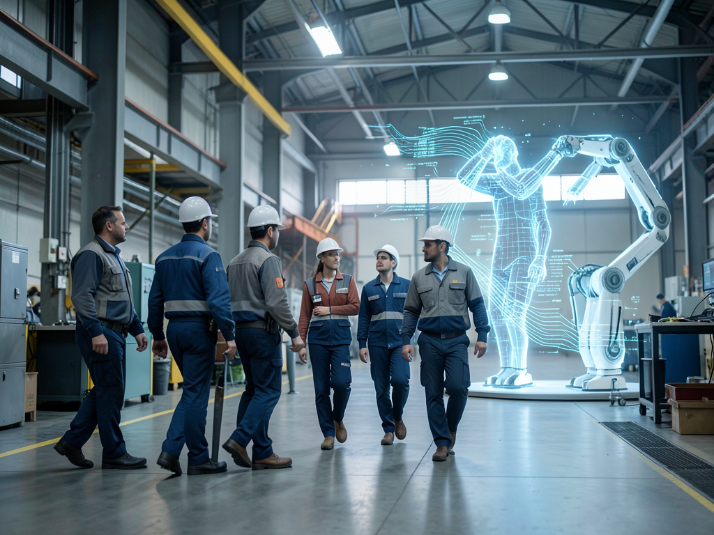 A factory worker and a robotic arm collaborate on an assembly line, symbolizing human-machine partnership in industry.