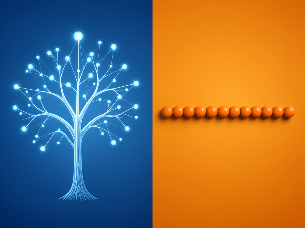 Graphic comparing AlphaGo's game tree search architecture with an LLM's next-token prediction loop