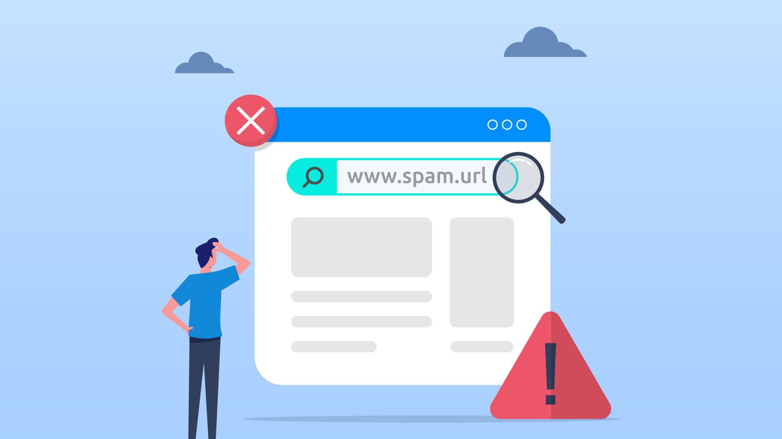 Close-up of a computer mouse hovering over a suspicious email link with a warning icon