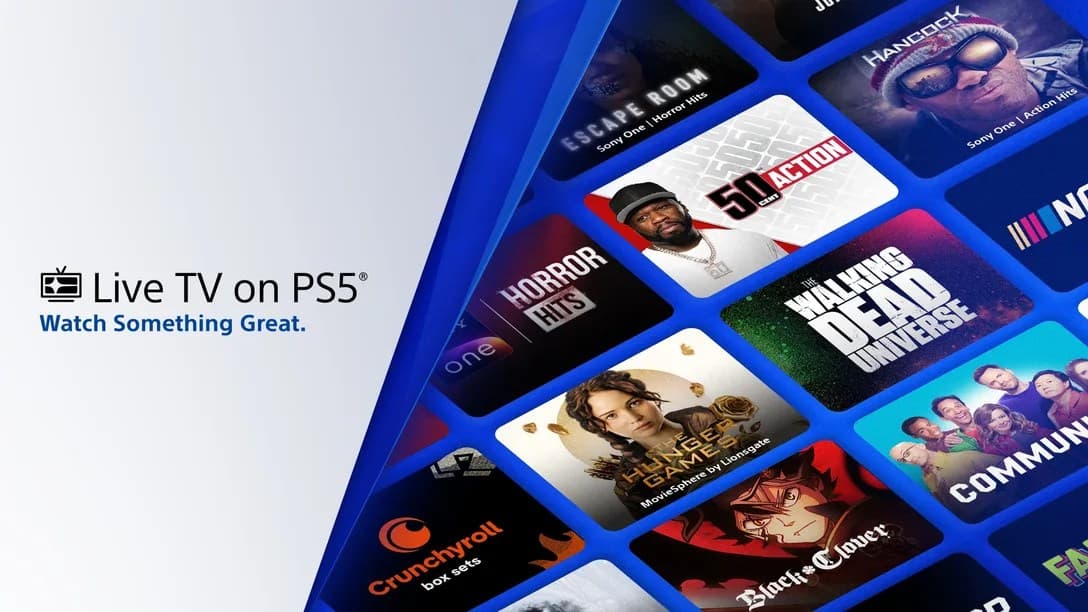 PlayStation 5 console with a live TV channel guide displayed on screen showing multiple program options