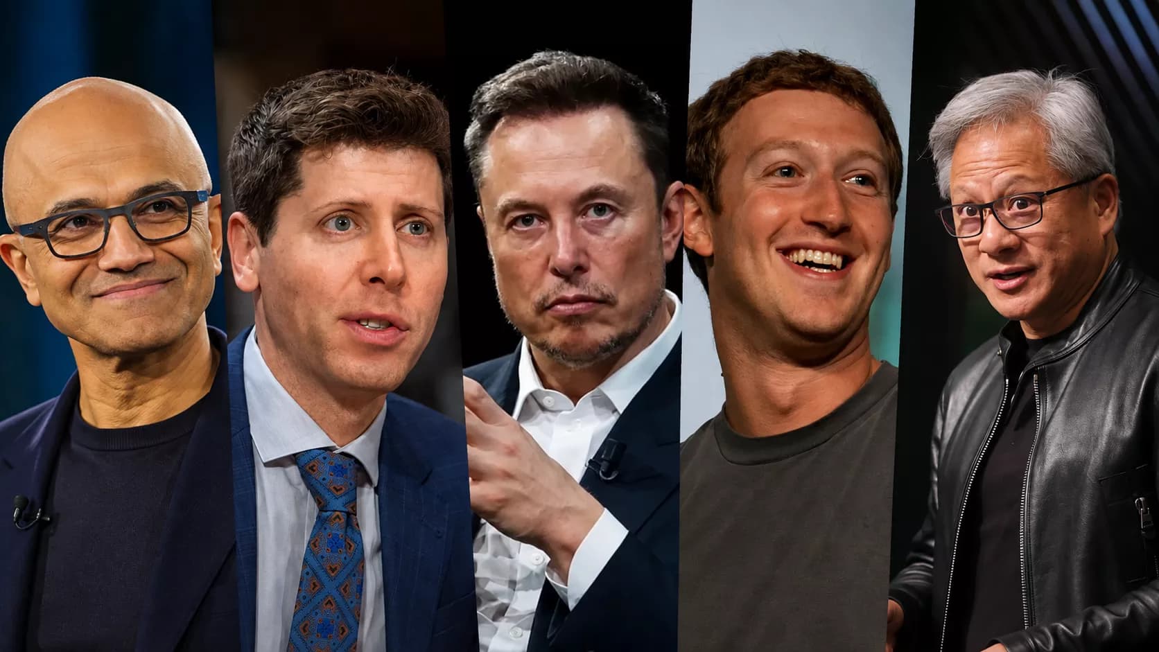 Young adults viewing a smartphone screen displaying AI icons and a poll result graphic showing trust levels for tech CEOs