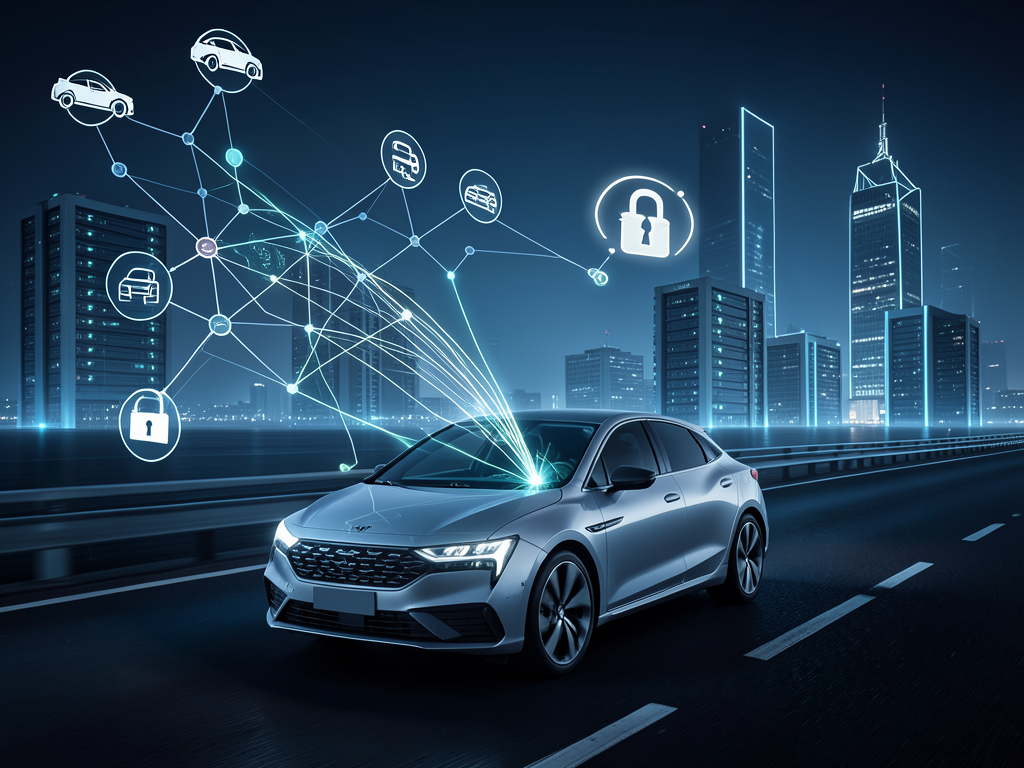 Dashboard of a modern connected car with icons representing data collection, location tracking and audio monitoring