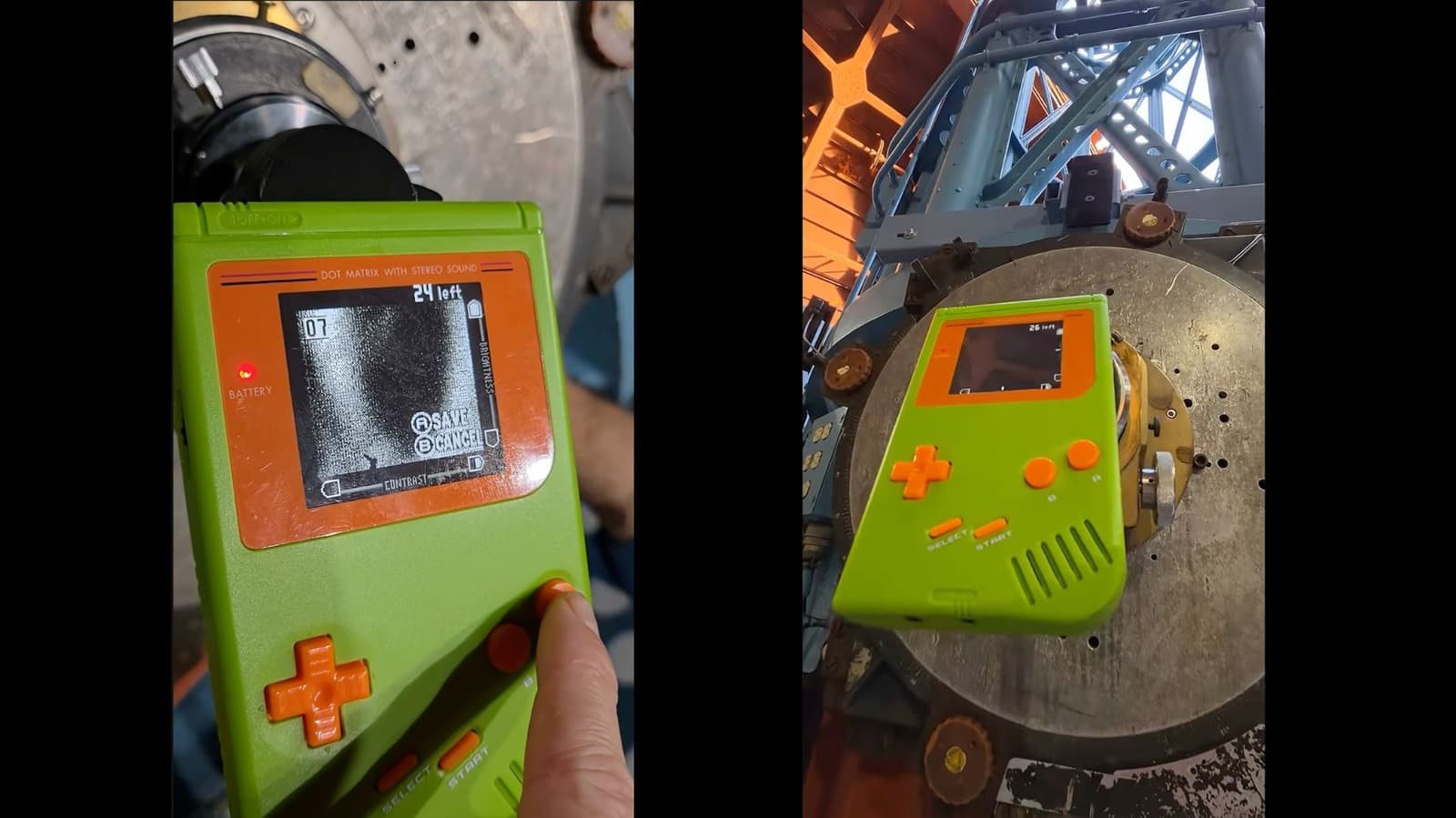 Game Boy Camera attached to a telescope eyepiece, aimed at night sky with Jupiter visible