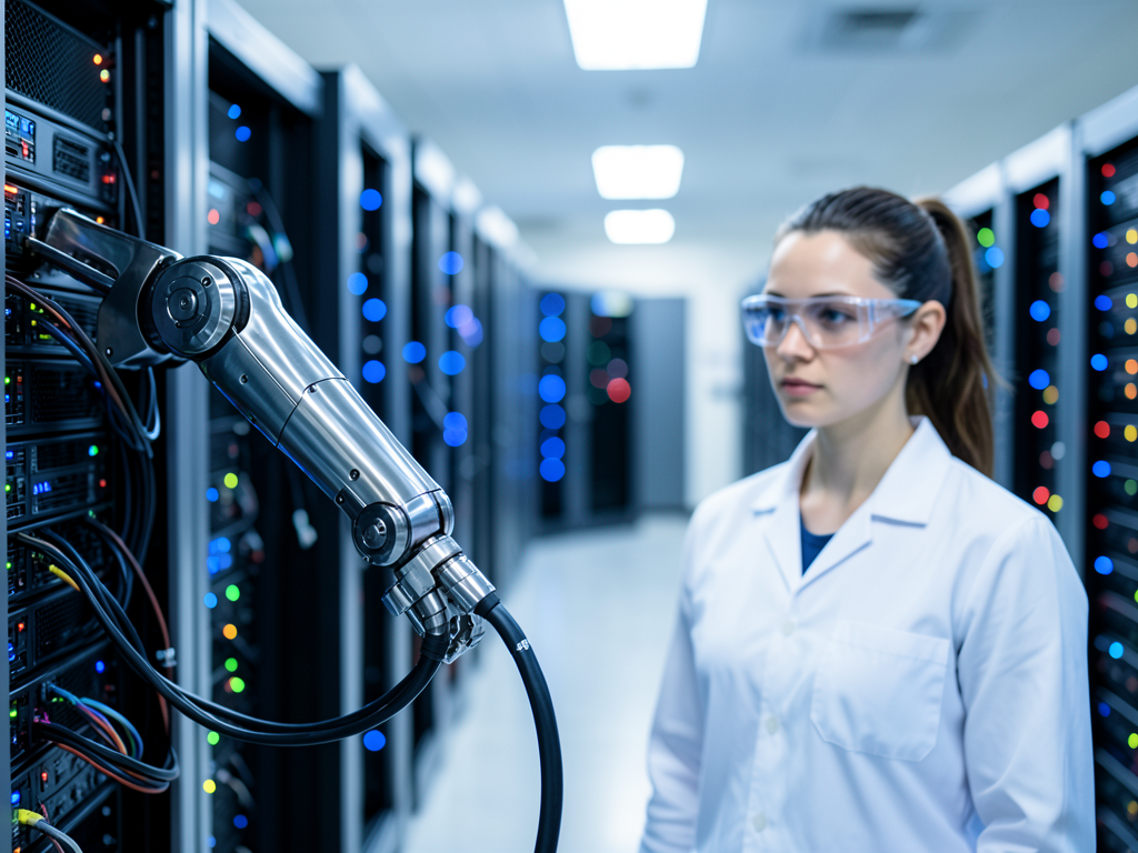 Robotic arm working inside a data center server room with cables and equipment.