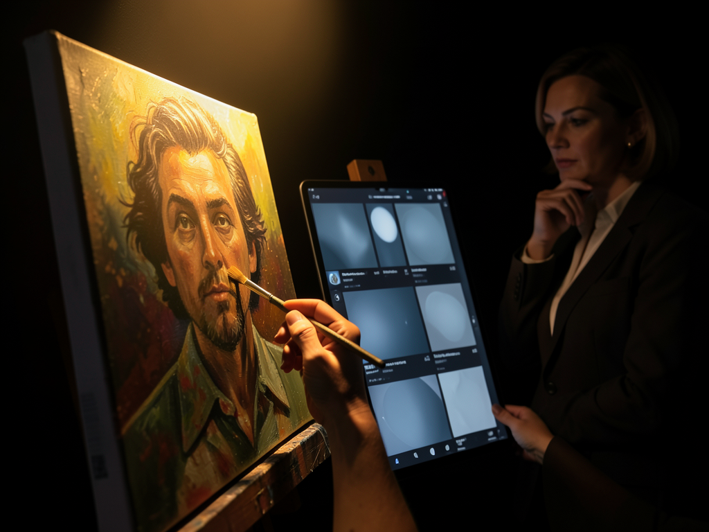 A painter at a canvas in a studio with paintbrushes and digital screens displaying AI-generated images in the background, sym