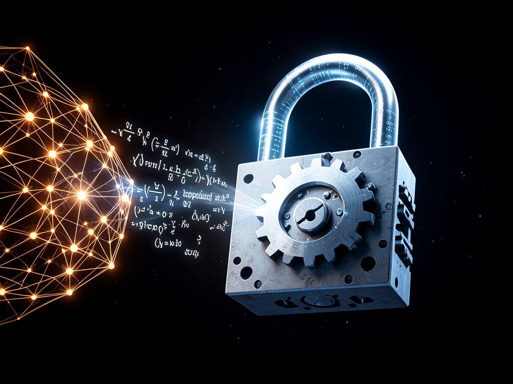 Diagram of symmetric encryption key exchange with AI model icon in background