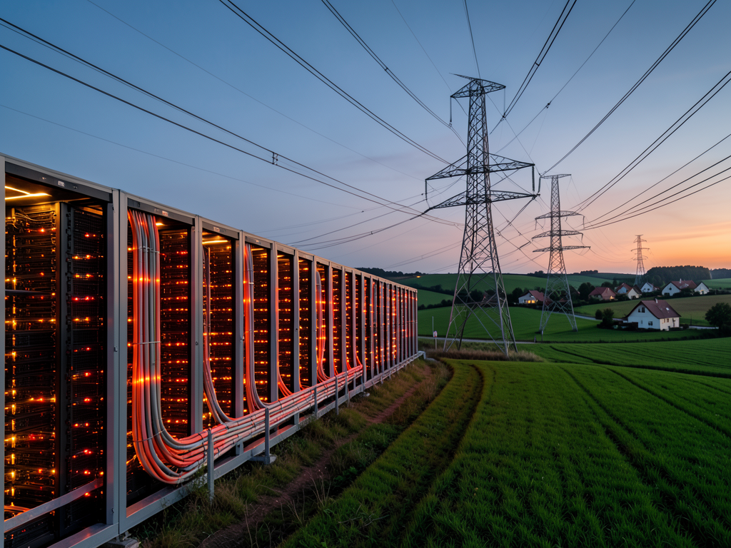 Data center servers in Europe with electricity transmission towers in background