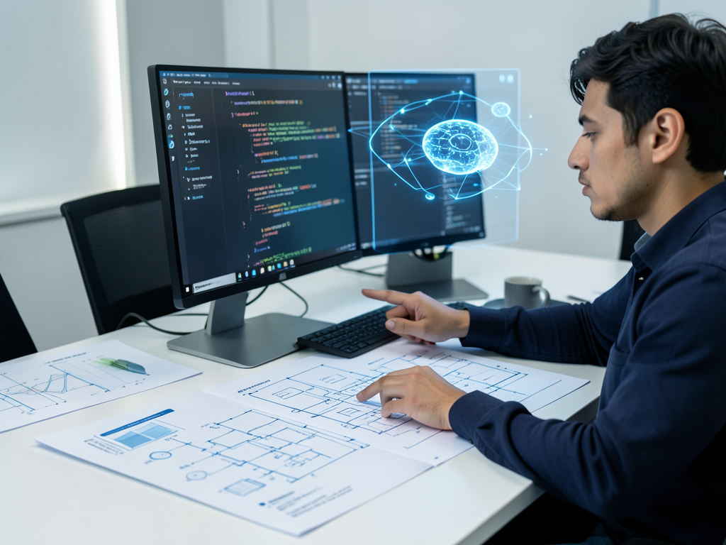 Software engineer reviewing code on a monitor with AI suggestion prompts visible