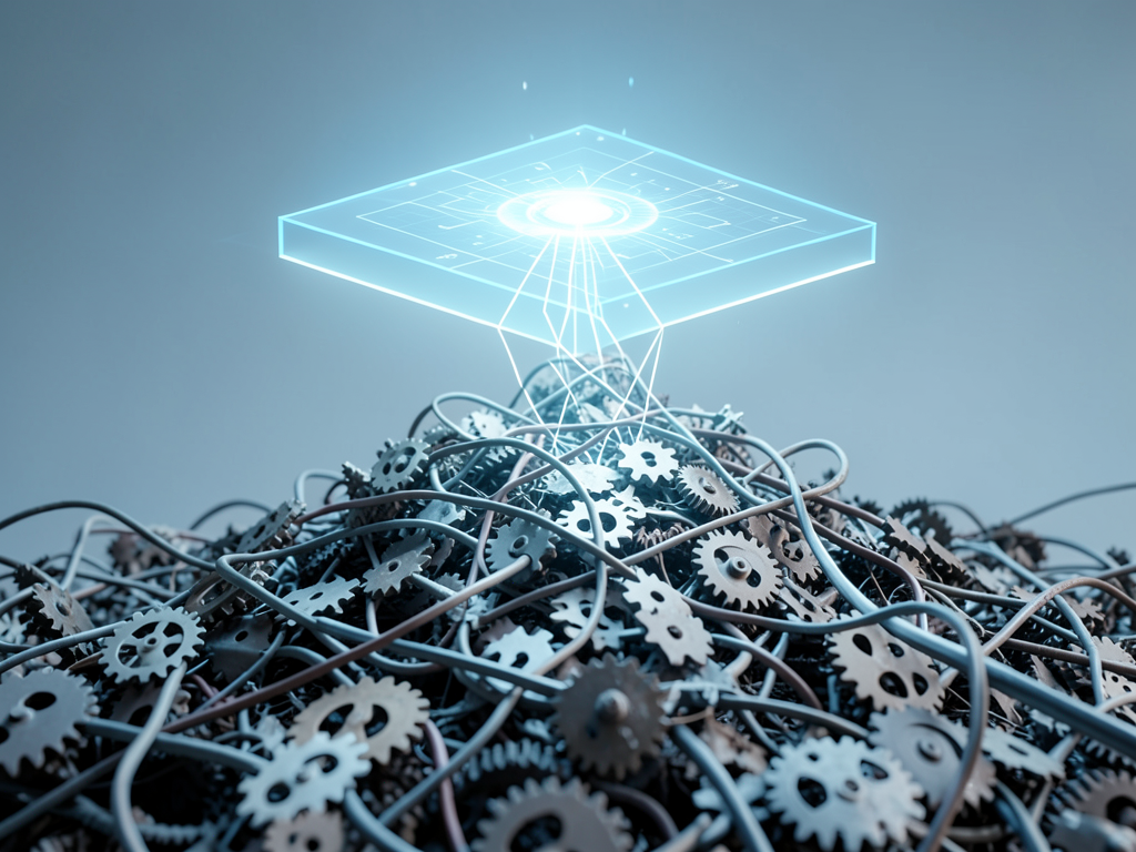 Office worker surrounded by disconnected software icons and AI chatbot interfaces, symbolizing software sprawl