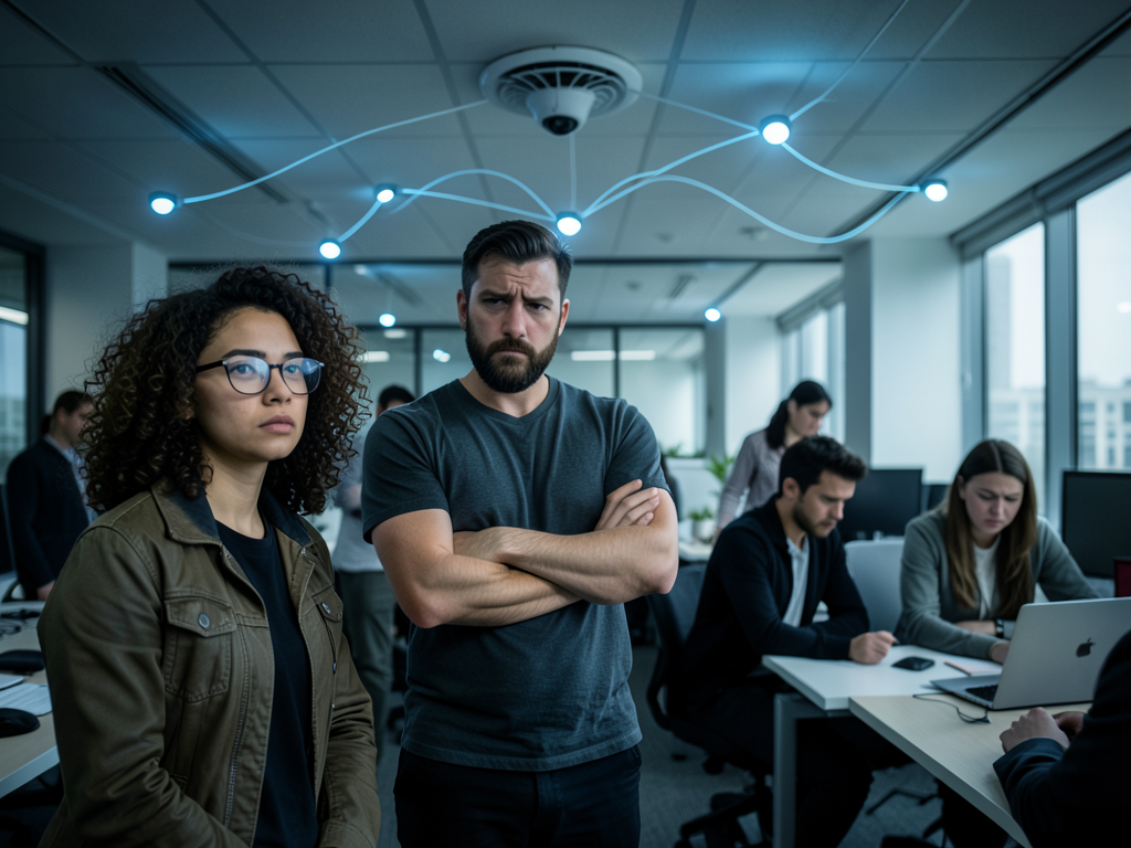 Office workers looking at a computer screen with graphs and surveillance icons overlay