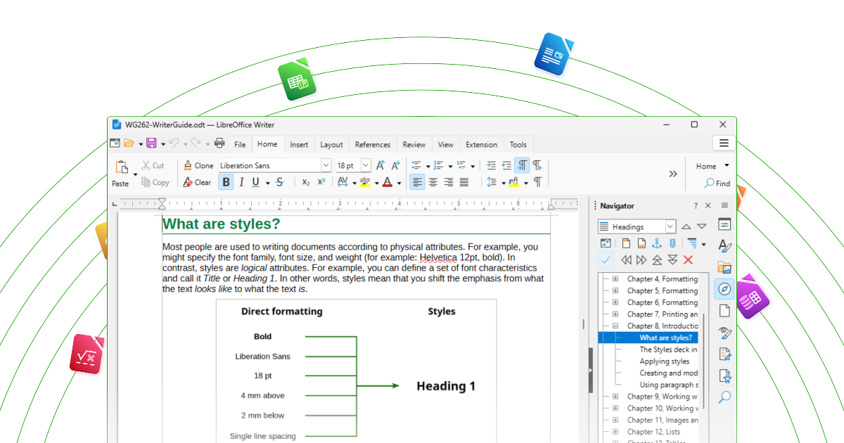 LibreOffice logo on a computer screen surrounded by charts showing download growth