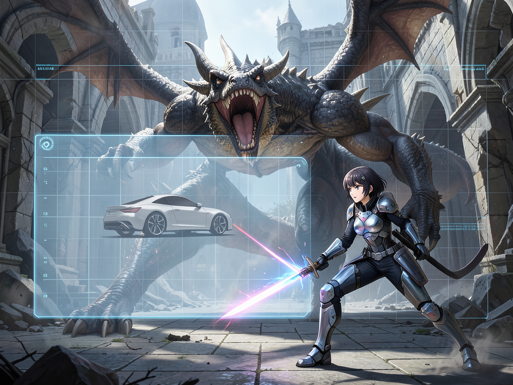 Microsoft patent illustration showing game controller with ad overlay during a boss fight scene