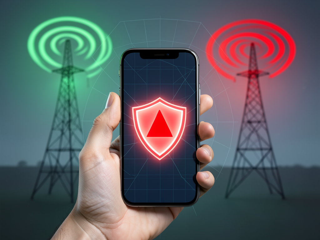 Android smartphone displaying a security warning about a suspicious cell tower connection