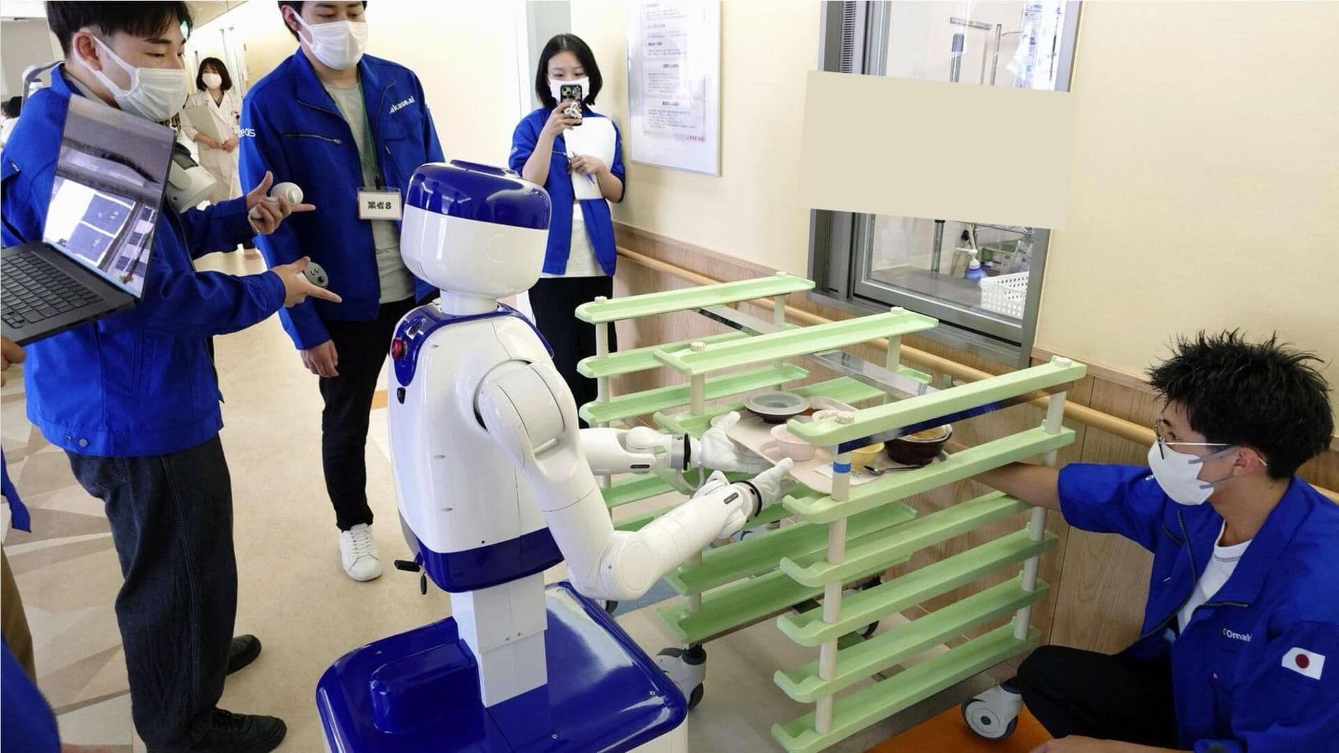 Humanoid AI robots working in a Japanese office setting